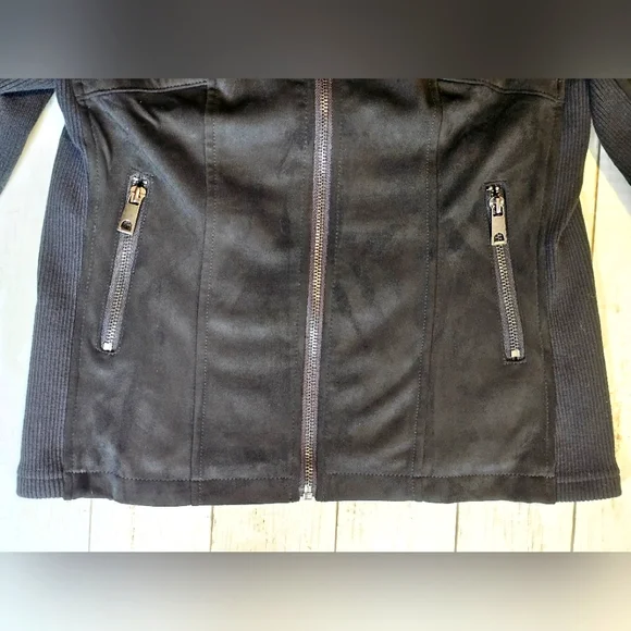 NEW SPYM Sleek Black Faux Suede Moto Stretchy Jacket Ribbed Sides & Sleeves - Picture 6 of 12